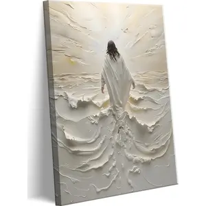 Abstract Jesus Walking on Water Canvas Wall Art Christian Spiritual Wall Decor Pictures Divine Light Modern Religious Posters Prints for Living Room Bedroom Church Decoration 12X16In ZCBS