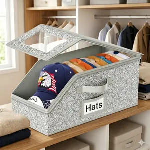 Cap Organizer for Closet, 2 Pack Hat Storage Box with Clear PVC Window, Cardboard Base and Stackable Space Saving Design, Holds 12 Hats Each for Baseball Caps, Fitted Hats, Trucker Hats, Visors and Beanies, Multipurpose Storage for Home and Dorm