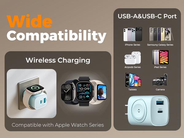 Charging Blocks for Apple Watch, 3-in-1 PD 20W USB C Charger Block with Built-in Wireless Watch Charging, Dual Ports Wall Charger Compatible with iPhone,iWatch