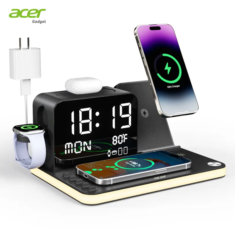 Acer 7-in-1 Wireless Charging Station - Fast Charger, LED Night Light, Bluetooth Time Sync Clock, Temperature Display, USB-A, Type C Ports, Magnetic MagSafe for Smartphone, Mobile, Cellphone, iPhone, Android, Smart Watch, Wireless Earbuds, Devices, Gift