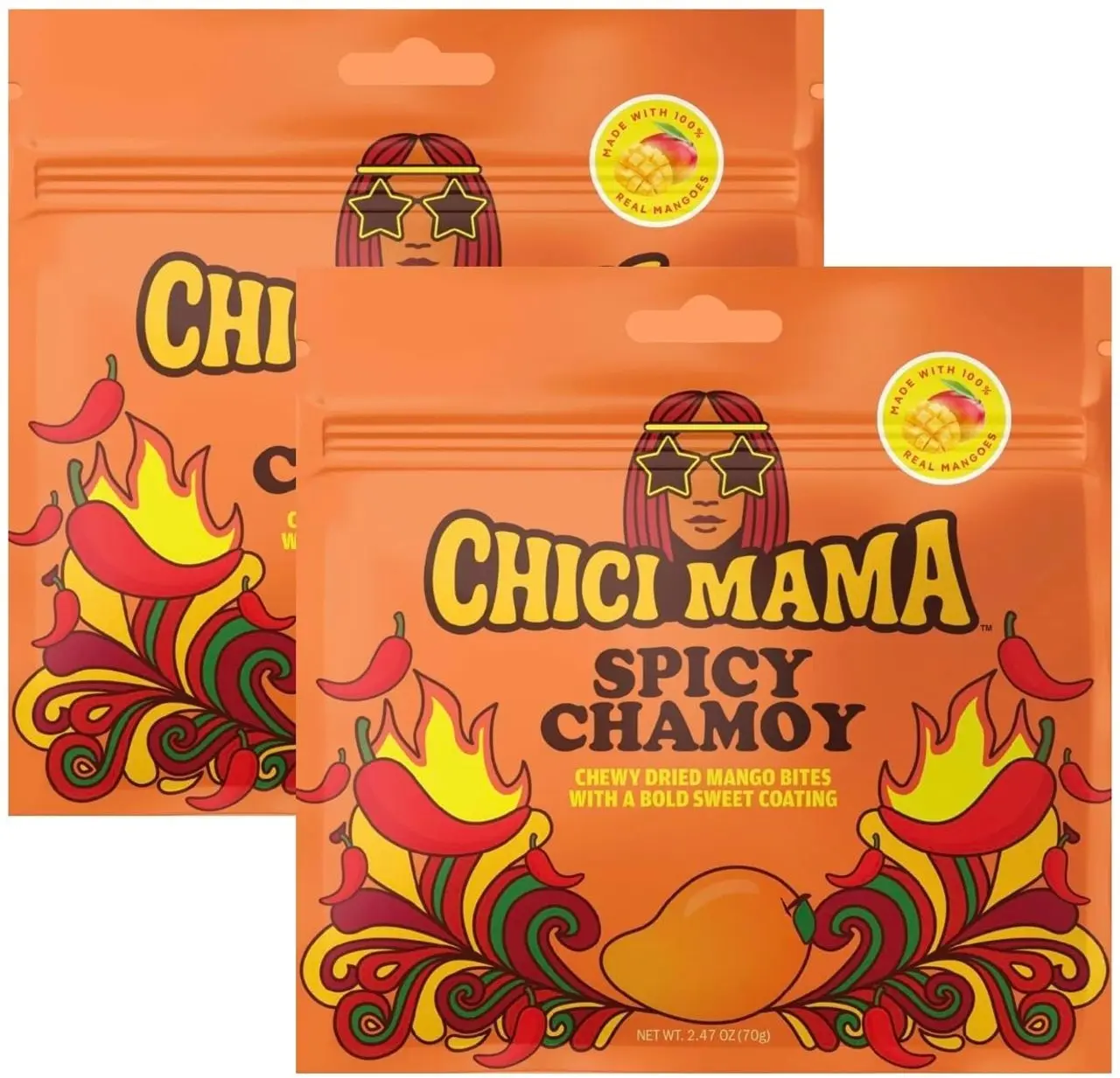 Chici Mama Spicy Chamoy Mango Bites – Made with Real Mango | Chewy, Juicy Candy-Alternative Treat | No Artificial Colors, Flavors, or Sweeteners | Gluten-Free, Naturally Vegan & Free of Major Allergens | Better-For-You Snack | 2 Pack - 70g