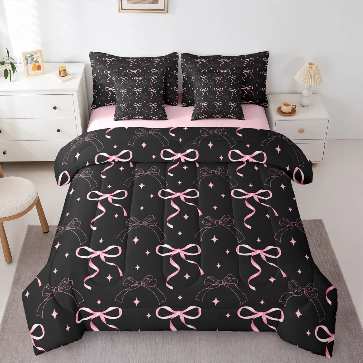 Feelyou 7-Piece Pink Bowknot Bedroom Bedding Set - Black Bowknot Comforter with Sheets, Coquette Aesthetic Bed-in-a-Bag, Bow Tie Butterfly Knot Design, Bed Comforter Set