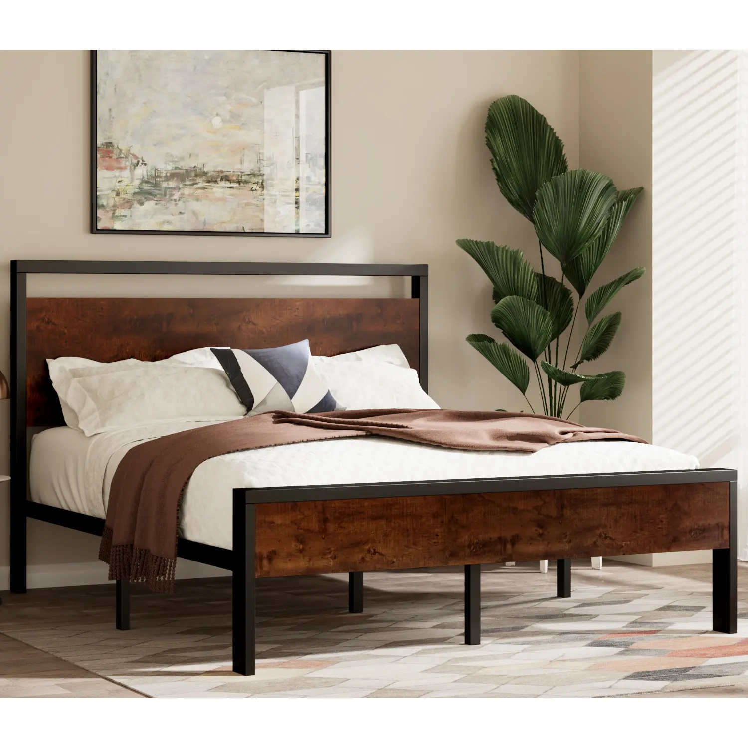 HOOMIC Modern Platform Bed Frame【Frame Only No Mattress】with Rustic Wooden Headboard and Footboard,Heavy Duty 12 Metal Slats Strong Support,No Box Spring Needed,Full/Queen/King#TikTokShopDealsforYouDays#DealsforYouDays#Summervibes#Summergarden