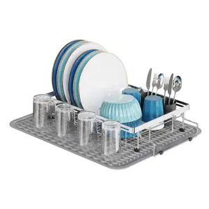 Stainless Steel Dish Drying Rack - Capacity Expandable in Sink Dish Drainer with Silicone Mat, Over Sink Dish Rack with Utensil Holder for Kitchen Counter