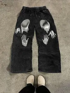 Men's Long Pants, Ghost Handprint Washed Pants, Gothic Y2K Street Style, Punk Rock Skateboard Pants, Casual Fitted Print Pants
