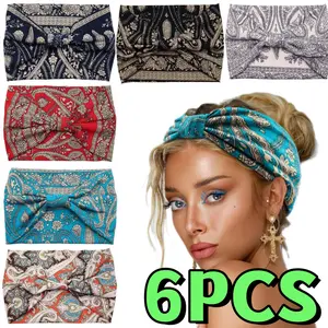 6PCS Wide Headbands for Women Boho Knotted Head Wraps Turbans Large African Style Head Bands Hair Accessories - Home Improvement Bandana