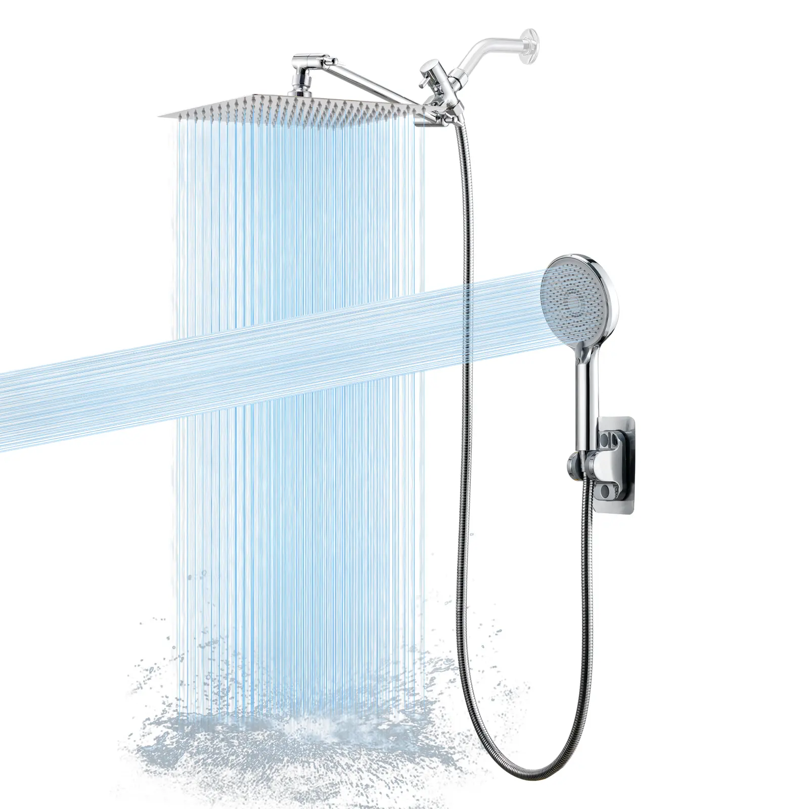 Shower Head Combo: 10-inch High-Pressure Rainfall Shower Head and Handheld Shower Head with Adjustable Dual-Rainfall Modes; Includes 11-inch Extension Arm, 3-Way Diverter, and 60-inch Shower Hose.