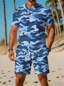 Men's 3D Fashion Set, Short Sleeve T-Shirt + Shorts, Casual Sporty, Breathable Outdoor Wear, Summer Digital Print Set