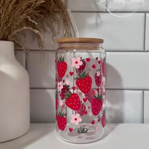 Strawberry Glass Cup with Bamboo Lid - Cute Strawberry Design for Drinks & Snacks