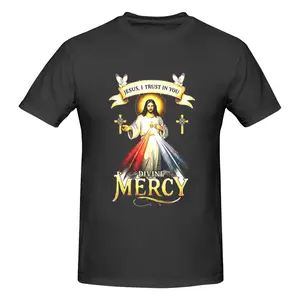 lookdee Men's "Jesus I Trust In You" Divine Mercy Graphic T-Shirt, Short-Sleeve Round Neck Loose Menswear, Christian Faith US Streetwear Brand Casual Holy Tee - US Local Warehouse