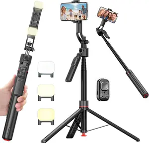 ORMOS Auto Face Tracking Selfie Stick Tripod with LED light, 67 Inches Maximum Height, Aluminum Alloy & ABS, Universal Smartphone Holder, Black, 360° Smart Rotation with Gesture Recognition