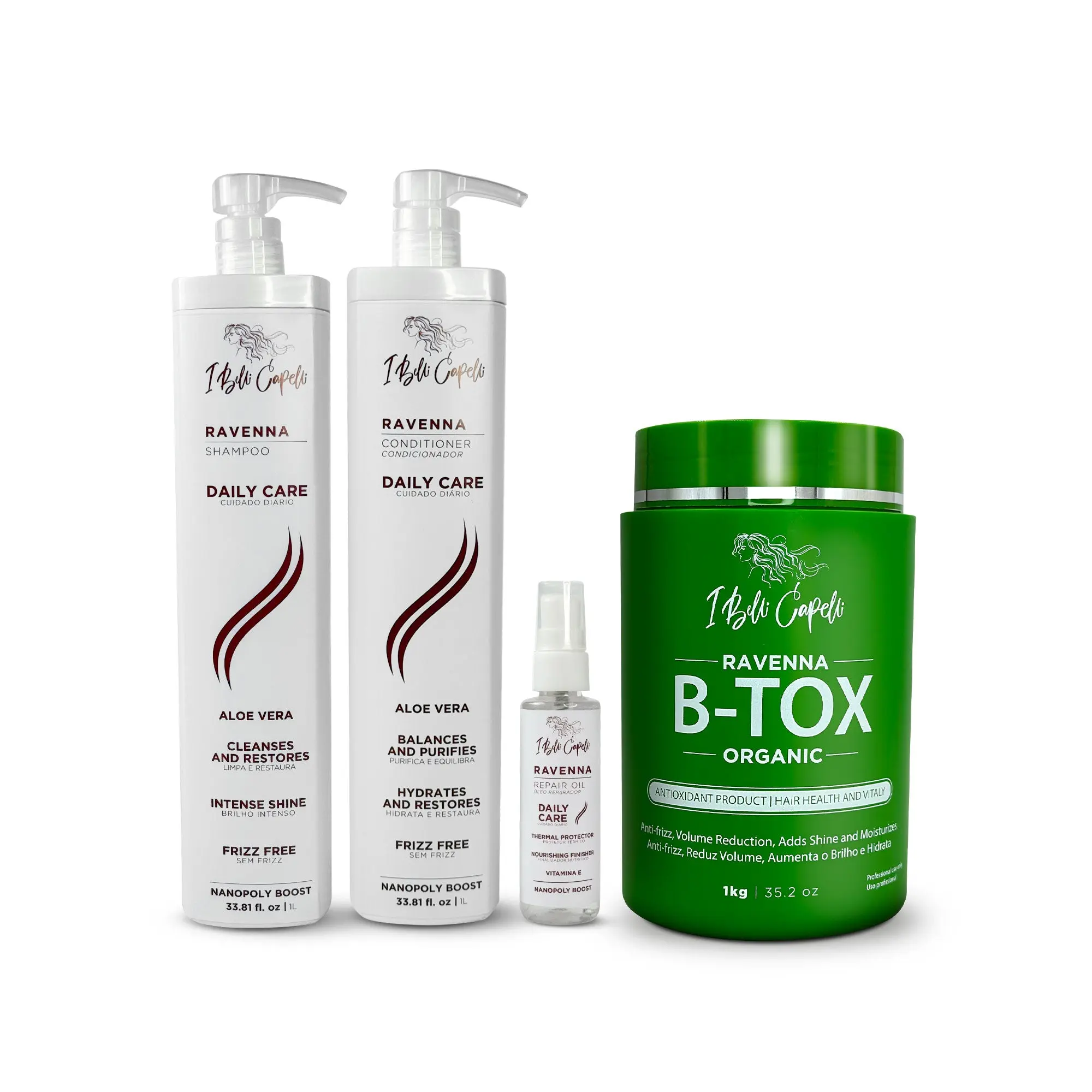 I BELLI CAPELLI Ravenna Daily Care + B-tox Organic Natural Haircare Multi-Pack - Shampoo, Conditioner, Hydrating Mask with Panthenol & Aloe Vera for Gentle Repair, Anti-Frizz Smoothness, Intense Shine, Oil Balance