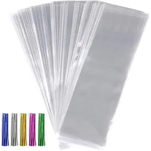 600 count Cellophane Bags Set - 300 count Long Clear  Bags, 300 count Colors Twist Ties for Gifts, Party Favors