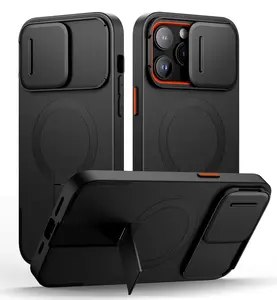 for iPhone 14 Pro Max Case with Magnetic Camera Slide Cover and Adjustable Kickstand, Compatible with MagSafe, Shockproof Bumper Case Slim Protective Cover 6.7 Inch, Black