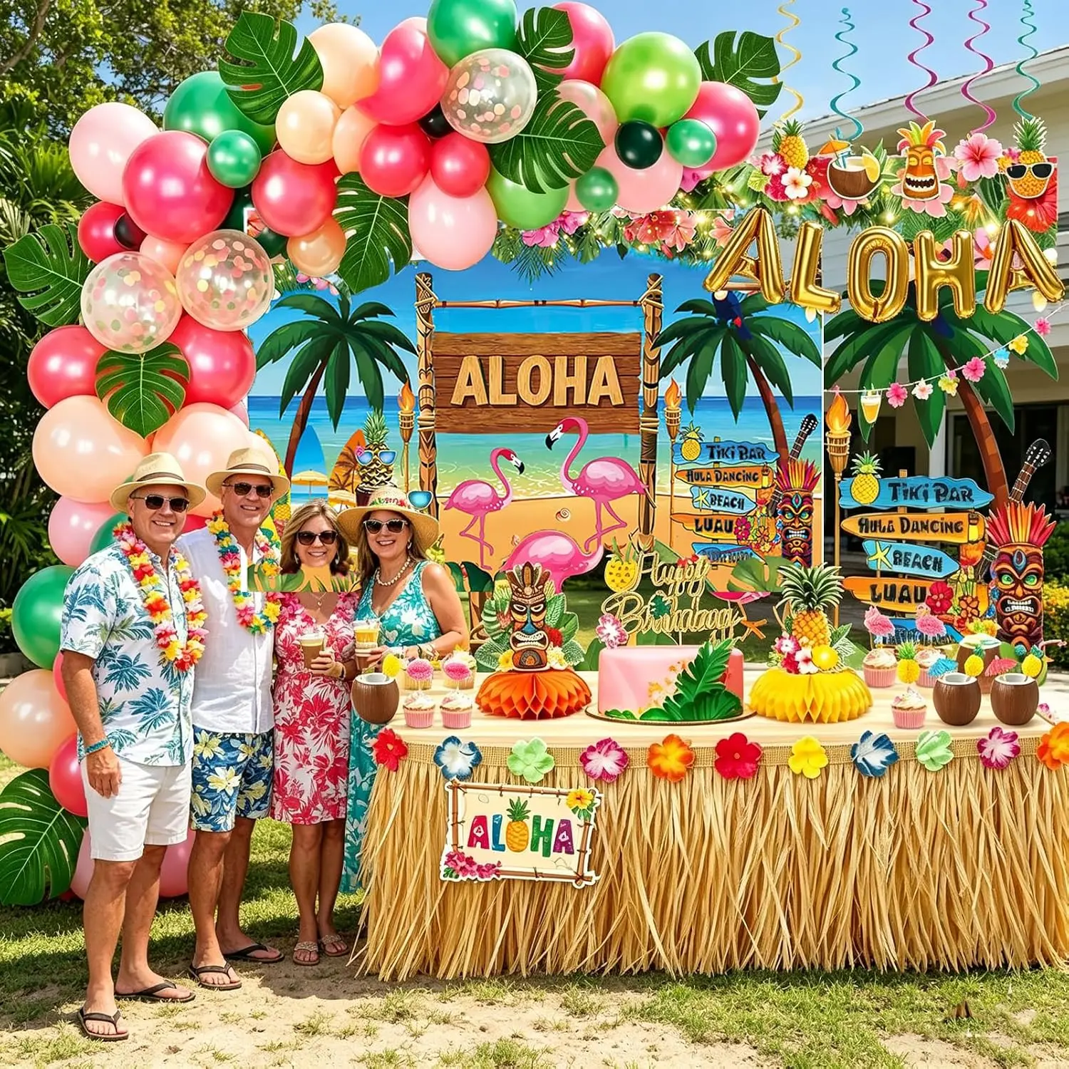 170PCS Hawaiian Luau Party Decorations Kit – Tropical Beach Aloha Summer Party Supplies, Table Skirt Backdrop Balloons Hibiscus Straws Pineapple Decor for Birthday Tiki Party