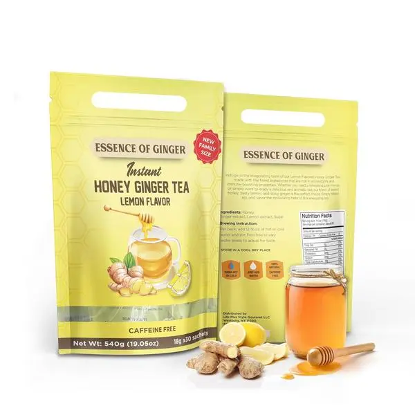 Natural Honey Lemon Ginger Root Herbal Crystal Tea, 30 Individually Wrapped 18g Instant Beverage Packets - Caffeine-Free, Real Pure Honey, Fresh Lemon Citrus, Resealable Bag