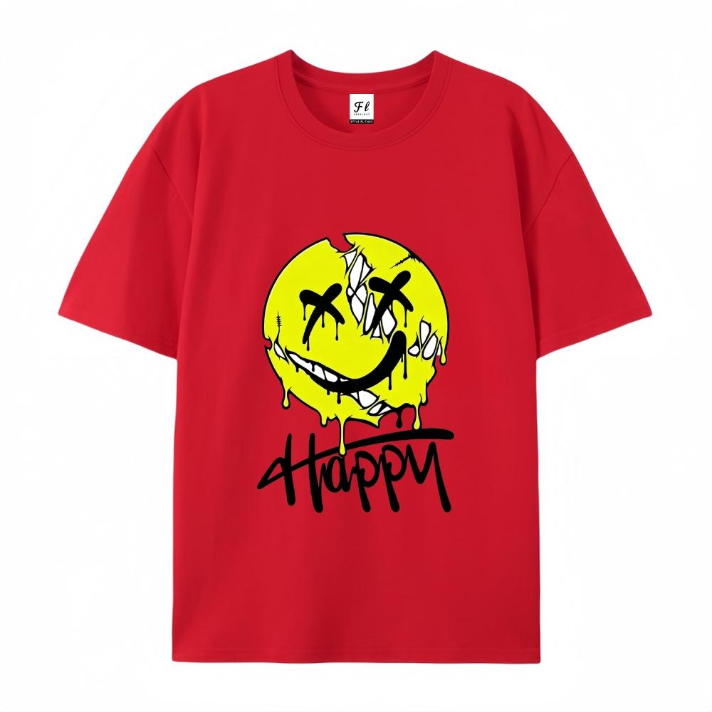 OveHappy Dripping Smiley Print T-Shirt Men Women rsized Casual Streetwear Short Sleeve Tops