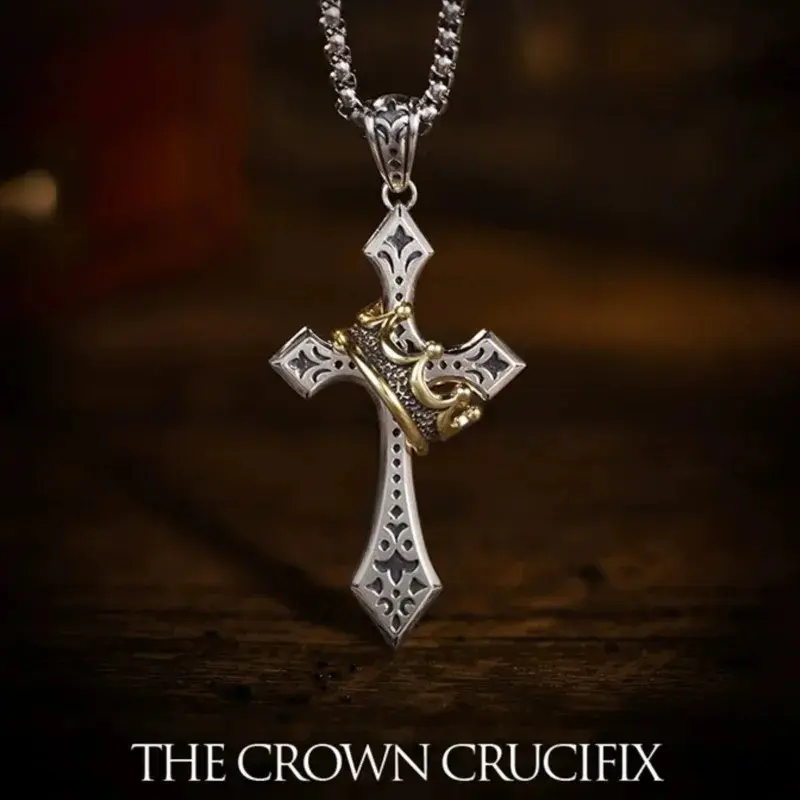 Stainless Steel Punk Cross with Crown Pendant Necklace for Men Women Vintage Thai Silver Color Necklace Party Jewelry Gifts