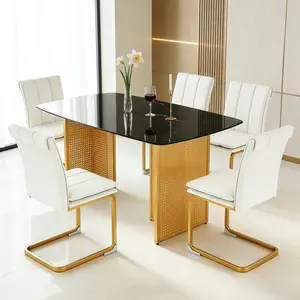 Shipping Included 51.2 Inch Modern Black Faux Marble Dining Table for 4-6 Seater, Rectangular Tempered Glass Kitchen Table with Tempered Glass Top and Golden Perforated Metal Legs, Luxury Dinner Table for Dining Room,Kitchen,Apartment