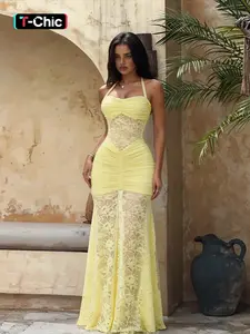 Elegant Lace Halter Backless Dress, Sexy Sleeveless Feminine Statement Design, Perfect for Parties & Special Occasions, Women's Fashion Clothing