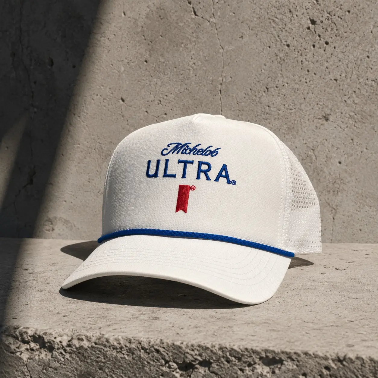 Michelob Ultra White Rope Trucker Hat, Embroidered Logo Mesh Back Snapback Cap, Curved Bill Retro Beer Hat for Men and Women, Outdoor Casual Wear