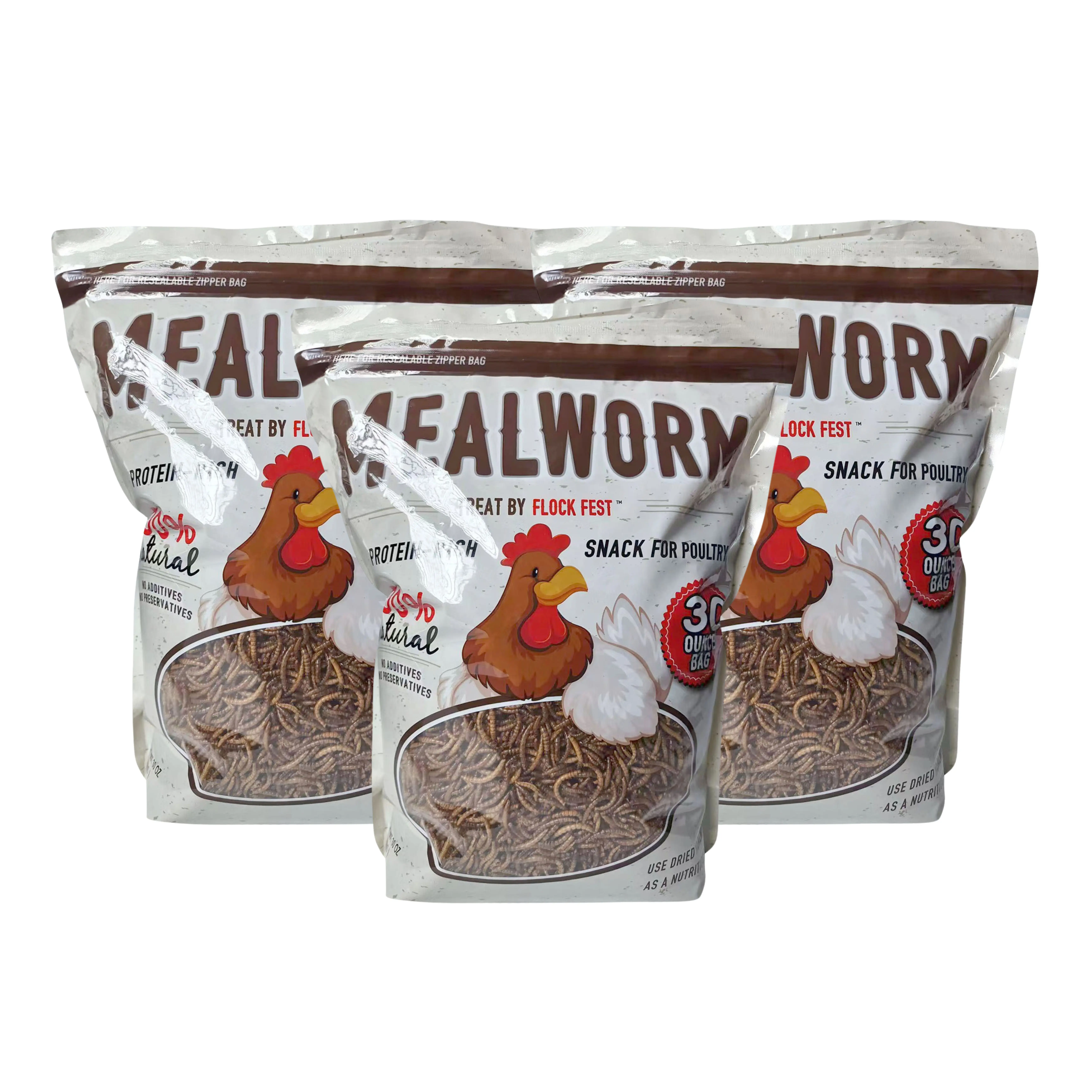 Flock Fest Bird Food Mealworms - 3-Pack 30 oz. High Energy, Growth Boost Treats for Buffalo Corp, Refrigeration-Free Resealable Bags, Default Option That Increases Poultry Growth