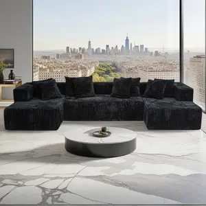132-In U-Shaped Modular Sectional Sofa Bed, Textured Cotton & Soft Velvet Fabric, Deep-Seat Easy-Convertible Design, Modern Comfy Couch, Indoor Living Room Furniture, Sofas for Living Room, 3 Delivered Items & 4 Free Throw Pillows, Sofas Living Room