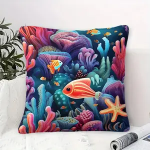[1 Throw Pillow] 45cm Printed Throw Pillow (Includes Insert) |Vibrant Ocean Life Throw Pillow, Cartoon Marine Fish & Coral Digital Print, Soft Decorative Accent for Sofa, Living Room, Perfect Nautical Home Decor Gift for Birthday, Christmas
