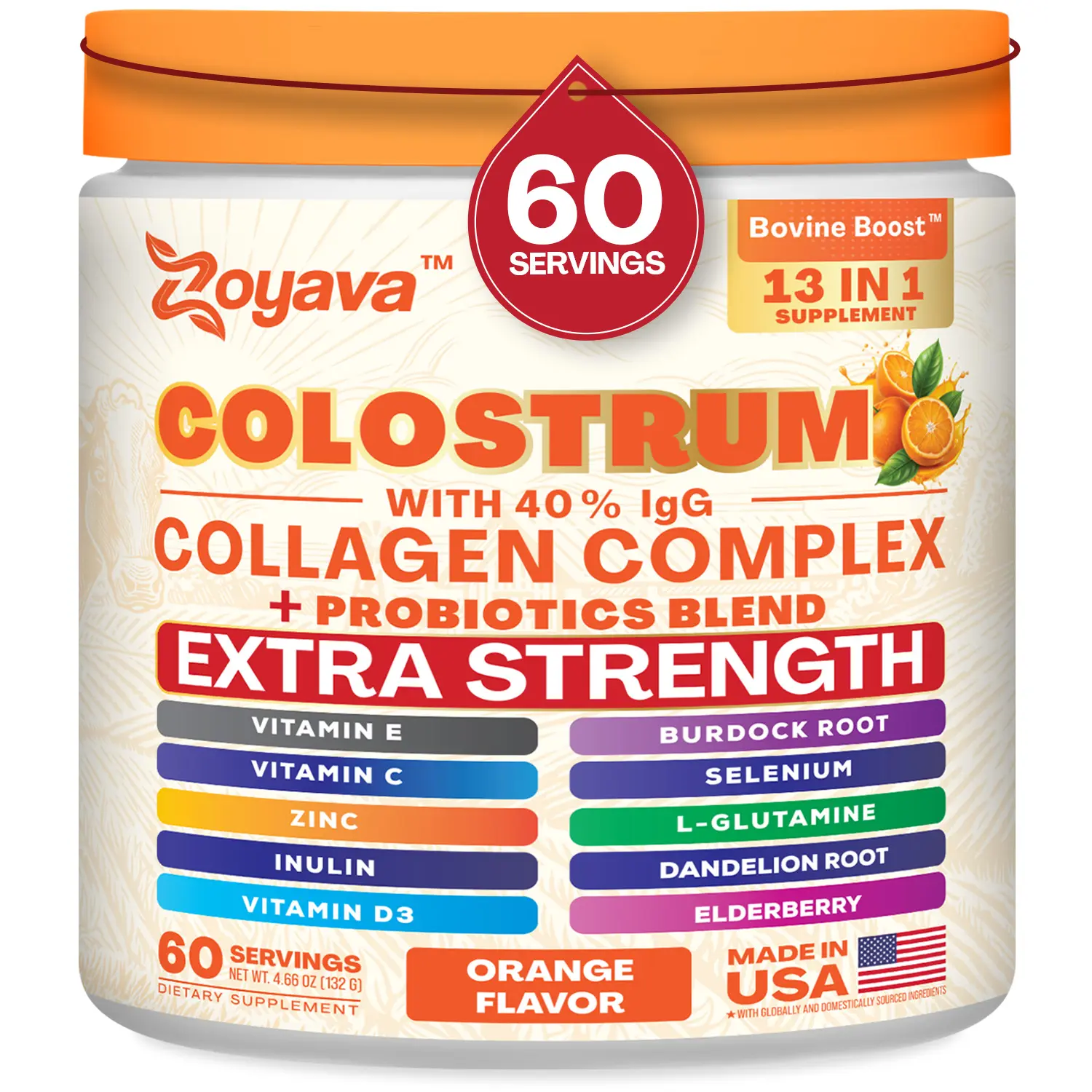 Zoyava Colostrum Powder - ORANGE FLAVOR (4.66 OZ) - 60 Servings of All-in-One Dietary Supplement with Extra Strength Ingredients - Made in USA