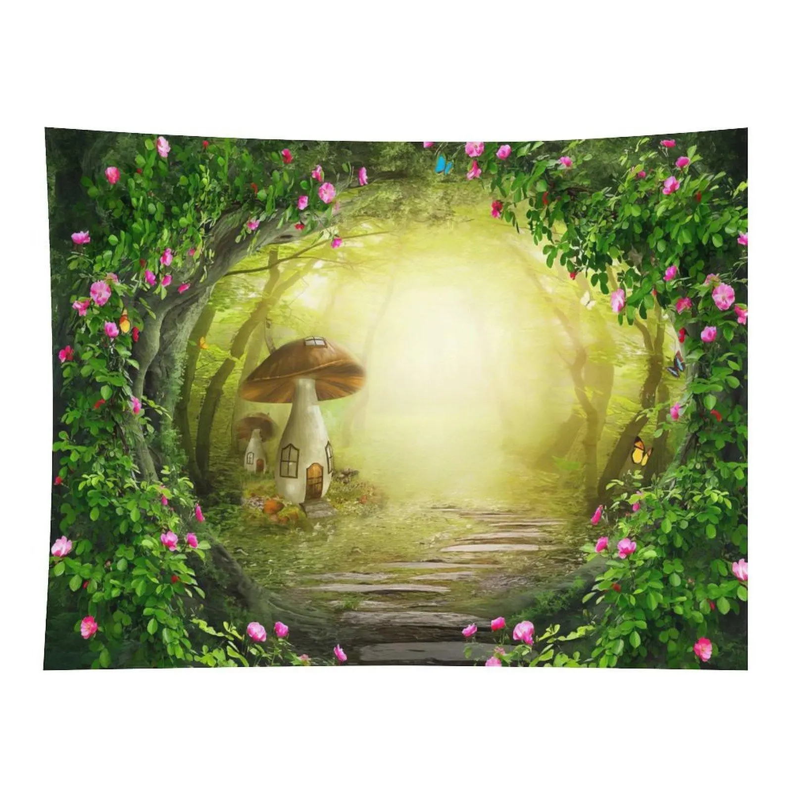 Enchanted Fairy Forest Rose Vine Arch Mushroom Cottage Sunlight Path Fantasy Garden Scenery Magical Nature Wall Tapestry