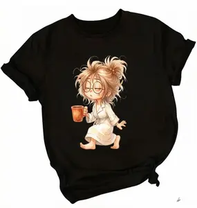 Women's Oversized Graphic Tees - 3D Sleepy Coffee Girl Print | Cozy Morning Trendy T-Shirt