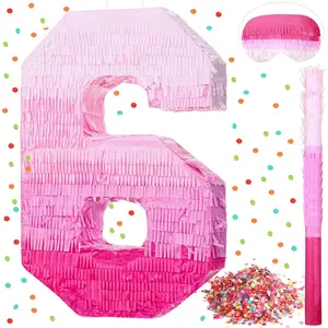 Number Piñata Pink Gradient with Stick Blindfold Confetti for Girls Boys Birthday Anniversary Party Decorations Supplies(Number 6)