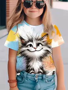 Graphic Short Sleeve T-Shirt, Fashionable Cute Kids' Clothing Top, Loose-Fitting Casual Style, No Collar Design
