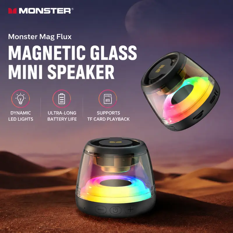 Monster Mini Bluetooth 6.0 Rechargeable Wireless Speaker - Compact RGB Multifunction Colorful Speaker with Light Show, TWS Stereo, 360° Surround Audio, Magnetic Design, TF Card Support, Long Battery Life for Home, Outdoor