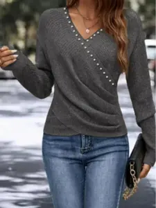 Women's Spring Autumn Casual Fashion Elegant Pearl Cross V-Neck Ruched Fitted Knit Pullover Long Sleeve Knitwear Top, Stylish and Comfortable