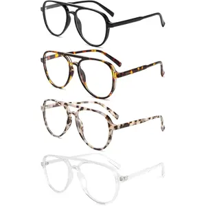 4 Pack Oversized Aviator Reading Glasses for Women Men Retro Double Bridge Pilot Style Blue Light Blocking Readers