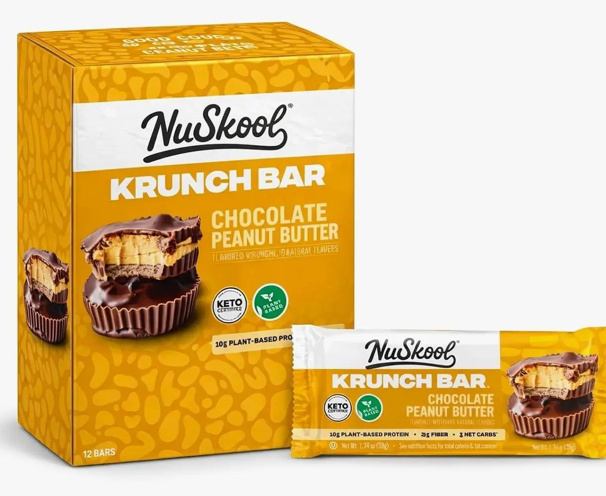 NuSkool Keto Friendly Krunch Bars - 7g Fiber, 10g Plant-Based Protein, 3g Net Carbs - Gluten-Free, Non-GMO, Vegan (12 Count, Caramel Sea Salt)
