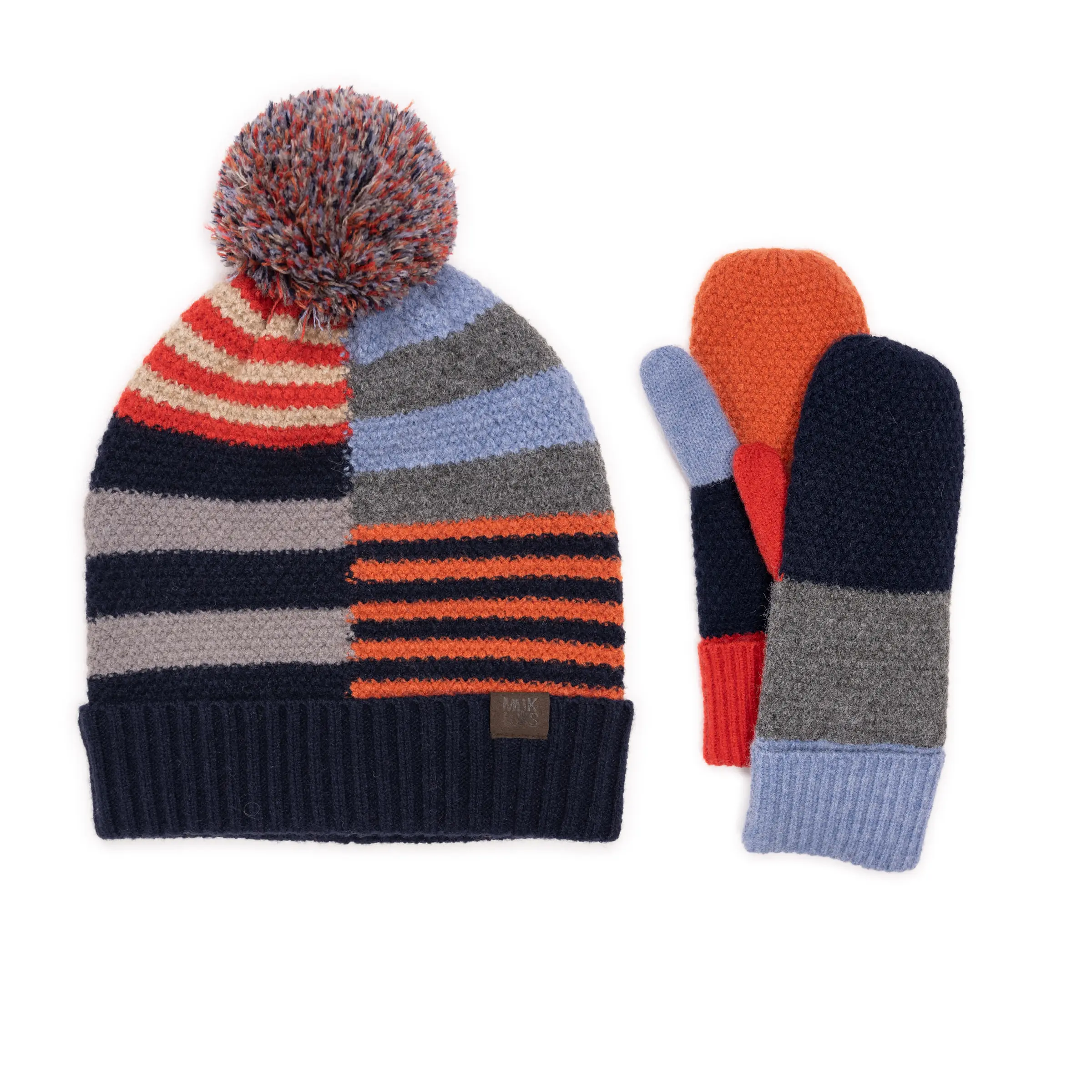 Women's Funky Stylish Acrylic Color Block Pom Hat and Mitten Set - 1-Size-Fit, Ribbed Cuffs, Casual Everyday Stylish Accessories Bundle, One-Size-Fit