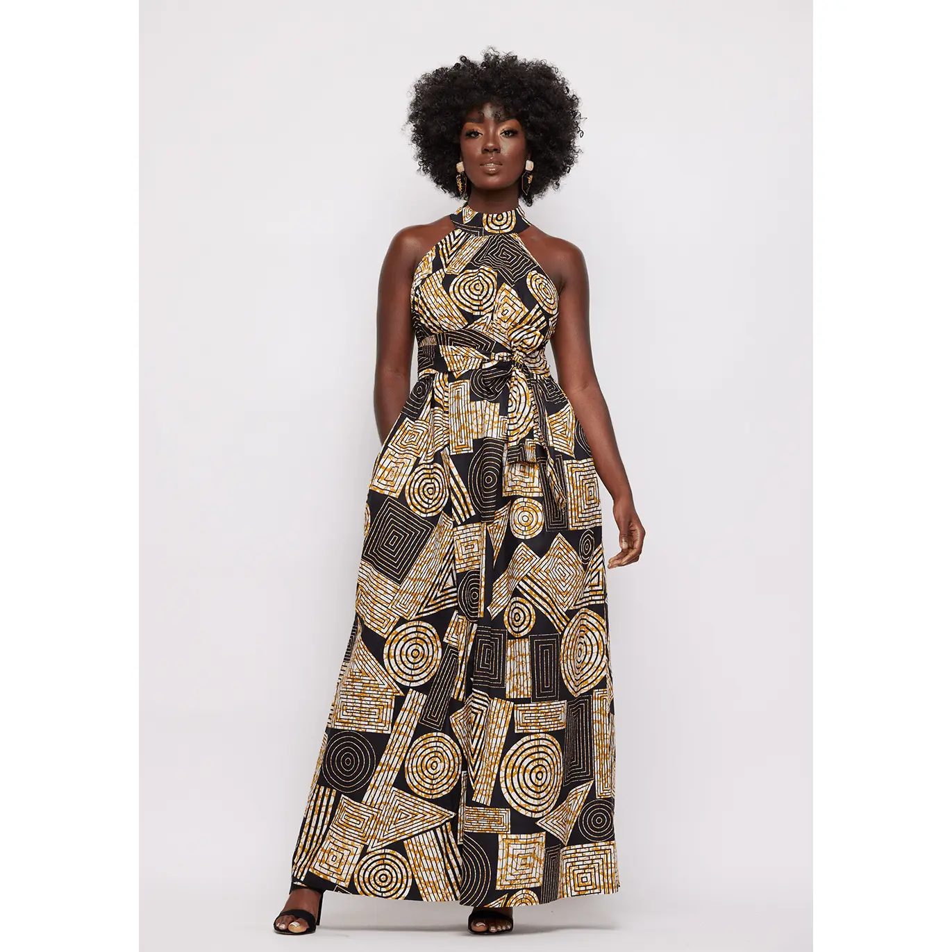 Ronke African Print Halter Maxi Dress (Black Brown Geometric)