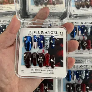 USA 250th & World Cup Dual Theme Press On Nails, Red Blue Star Stripes Fake Nails, Devil Angel Style Sporty Nails for Football Fans