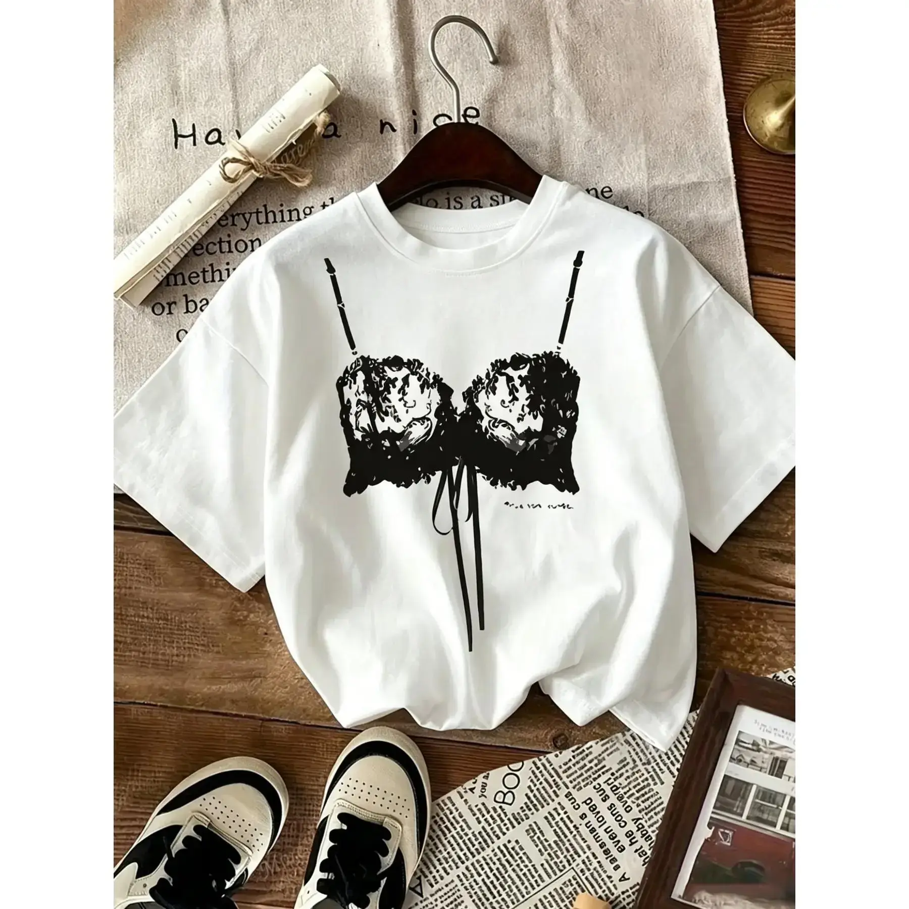 Women's Y2K Trendy Streetwear Fashion Lace Lingerie Graphic T-shirt, Oversized Loose Fit Crewneck Short-sleeve Top, Comfortable Everyday Casual Tee, Ideal for Summer & Weekend Outings, Womenswear