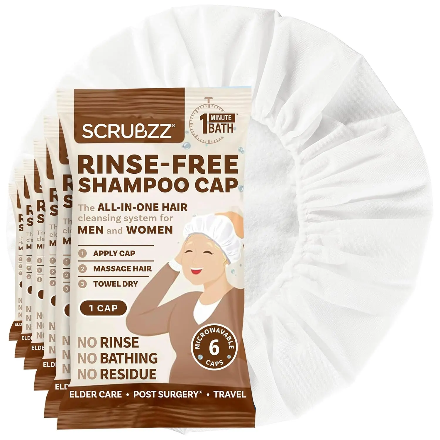 Scrubzz Shampoo Caps No Rinse for Elderly and Bedridden Patients, Rinse Free Shampoo Caps for Post Surgery and Hospital Stays, Waterless Hair Washing Shower Caps - Coconut Vanilla - 6 Pack