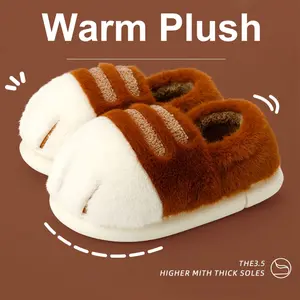 [Warm Cartoon Cat Paw Slippers] Winter Cartoon Cat Paw Style Women's Slippers for Home Warmth Men's Plush Flat Shoes Girl Footwear Flipflop Slide