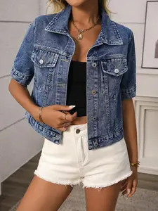 Women's Classic Short Sleeve Denim Jacket, Casual Single Button Short Denim Coat with Pockets, Stylish and Comfortable Outerwear Tops