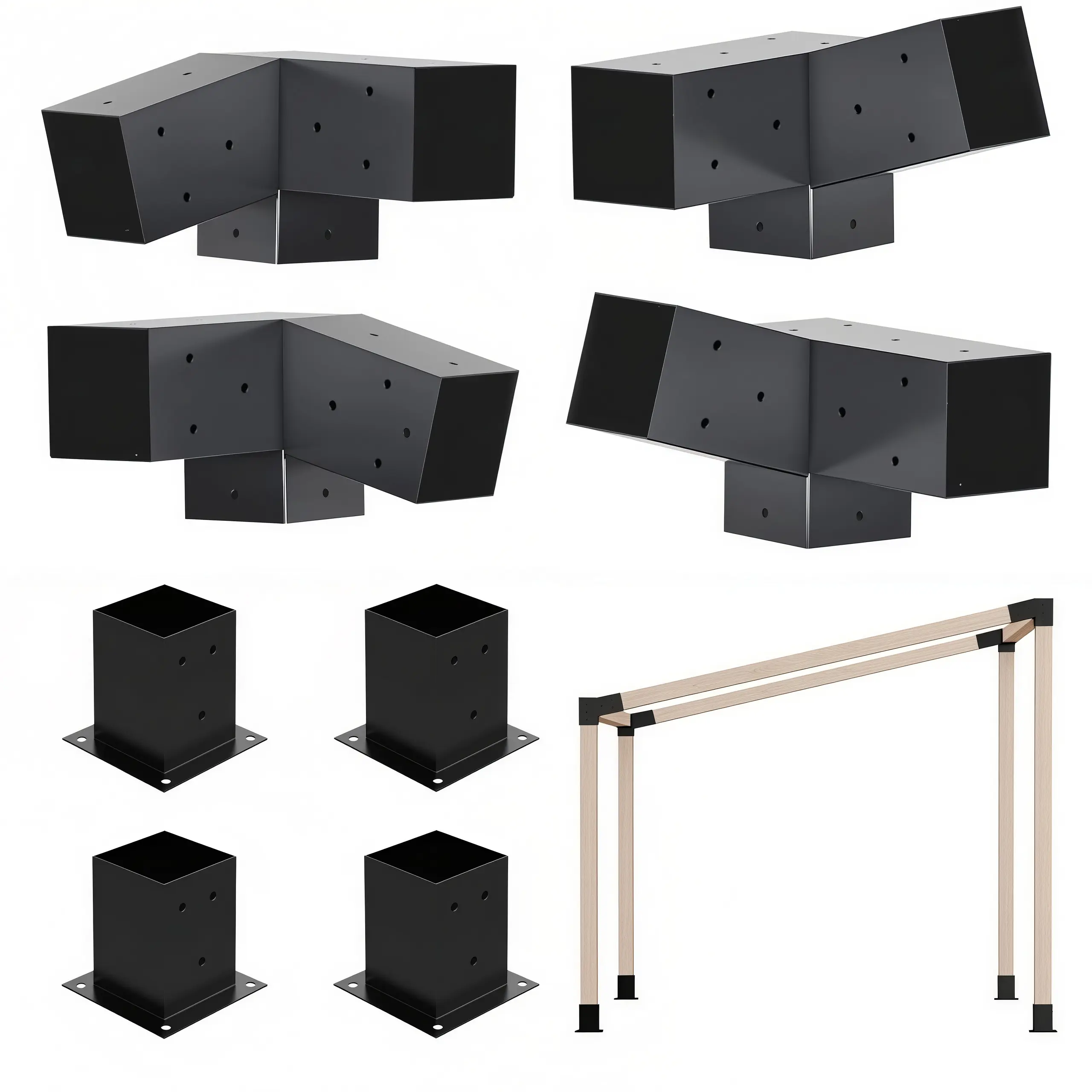 Jurrque Corrosion Resistant Heavy Duty 2.5mm Thick Steel Pergola Post Base Kit (8pcs: 4x15° 3-Way, 4xBase with Bolts) for 4"x4" (3.6"x3.6" Actual) Lumber, Easy-Install DIY for Gazebos, Balconies, Commercial Spaces