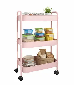 3-Tier Rolling Cart, Metal Utility Cart with 4 Hooks Storage Cart on Wheels Craft Cart with Handle for Organizer Storage for Classroom Office Dorm Home Pink