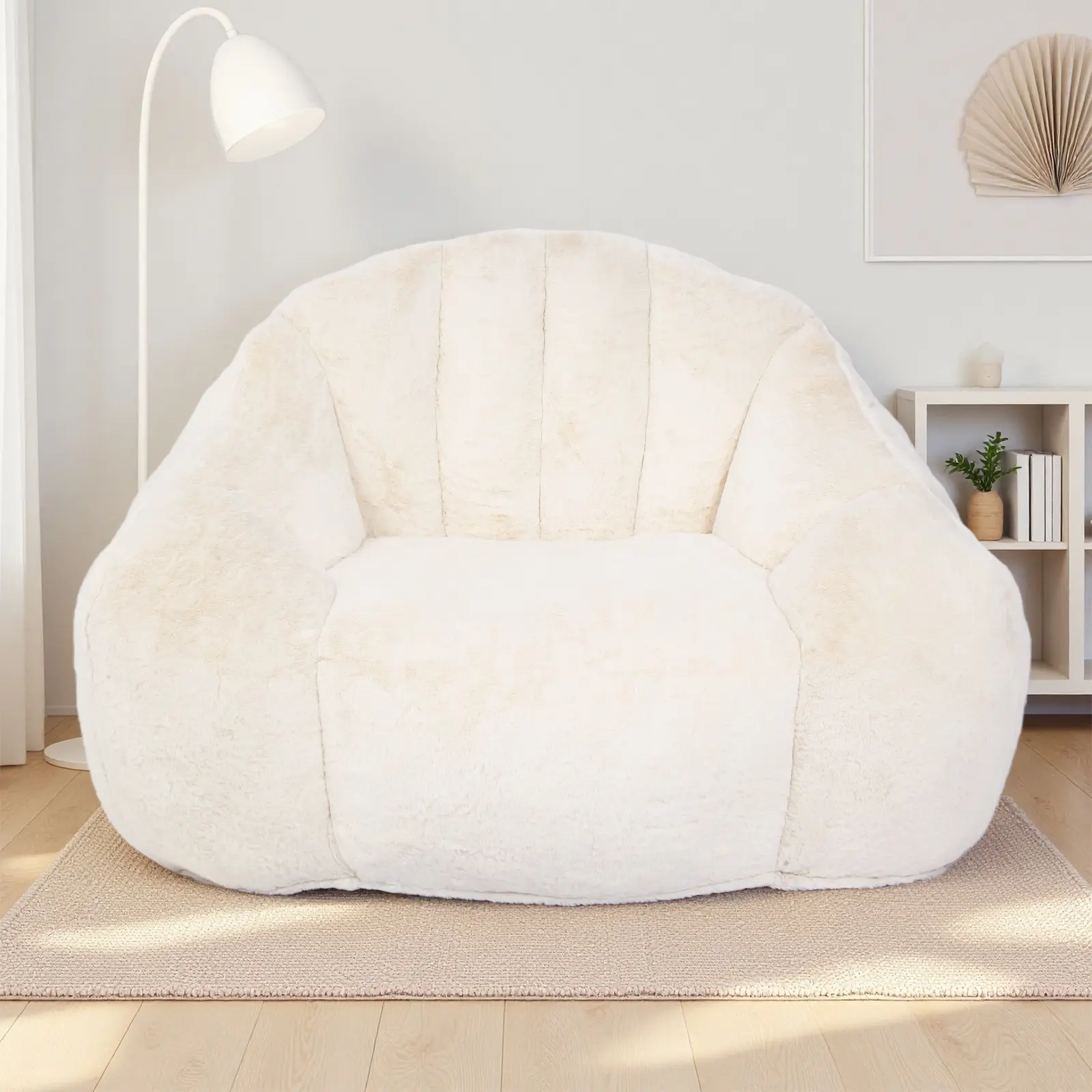 Bean Bag Chair for Adults, Floral Shaped Bean Bag Sofa, Ultra Soft Faux Fur Floor Sofa, Large Reading Chair for Living Room Bedroom, Beige, Single