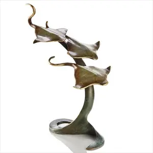 212 MAIN 3 Sting Rays Marble Ornaments - Brass Lost Wax Decorative Metal Statues, Indoor Home Decor Figurine Supplies