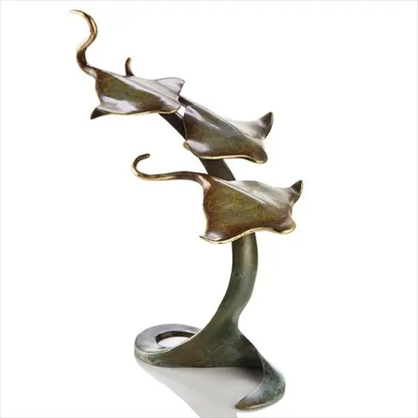 212 MAIN 3 Sting Rays Marble Ornaments - Brass Lost Wax Artistic Decorative Statues, Indoor Home Decor Figurine Supplies