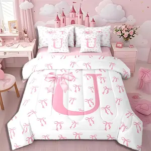 7 Piece Cute Pink Bow Comforter Bed Set,Monogrammed Princess Gift Bedding Set,Kids Women Lady Girly Initial Letter Bed Bag,Initial Letter Comforter,